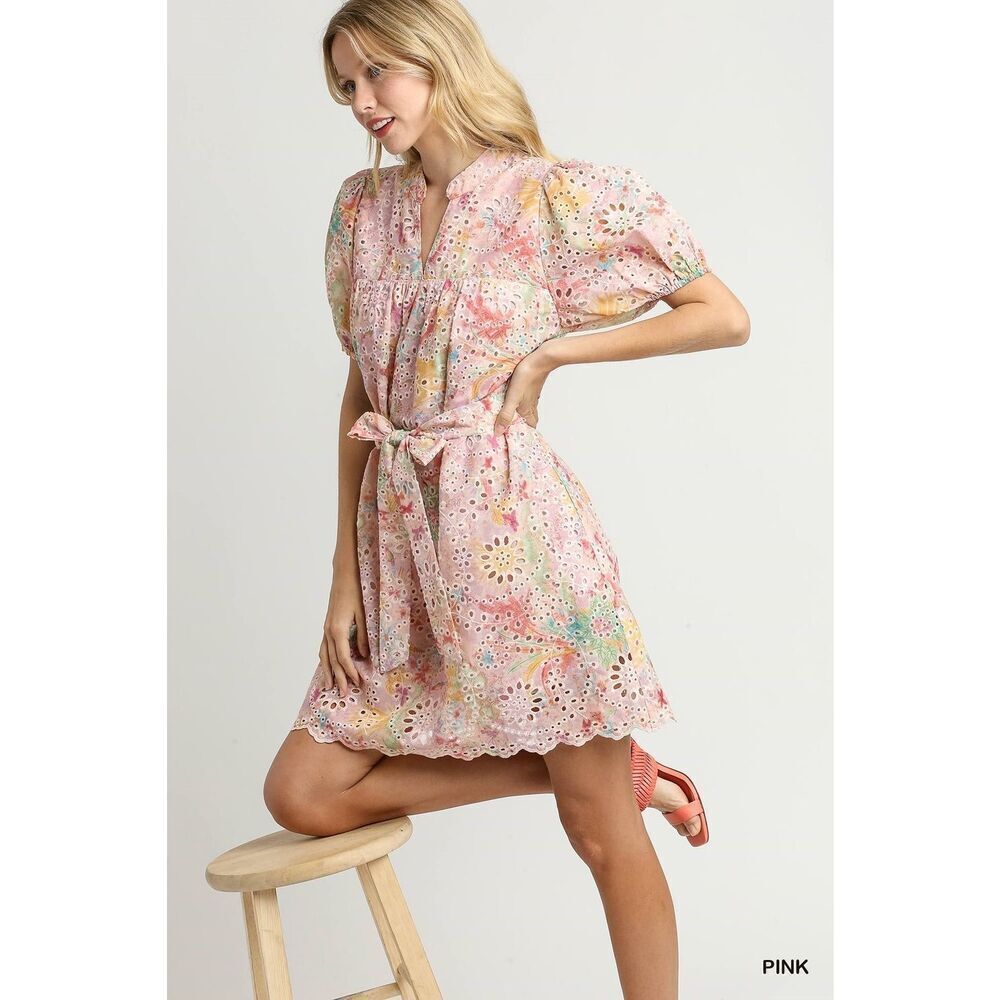 Umgee Pastel Eyelet Floral Puff Sleeve Dress Size S Fairycore Romantic Unicorn B